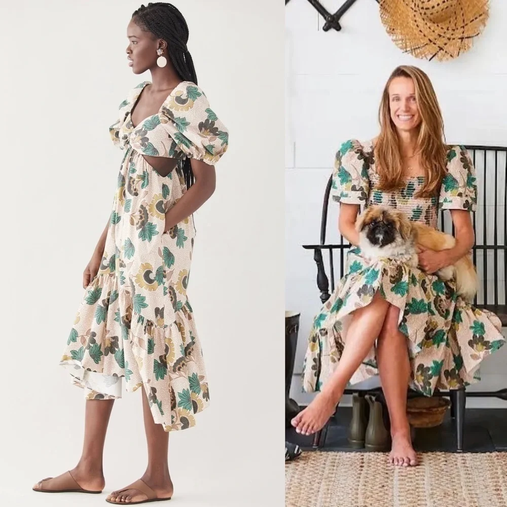 AUTUMN ADEIGBO Floral Print Puff Short Sleeve Cutout Tiered Ruffle Midi Dress 16